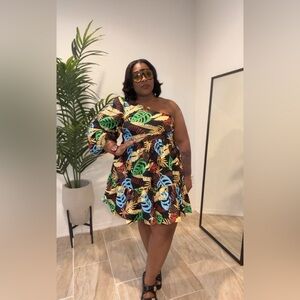 One shoulder tropical Print Dress